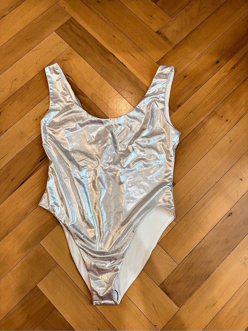 Alexander Wang Metallic One-Piece Swimsuit in Silver & White Like New